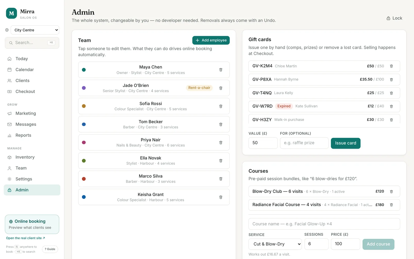 The Admin screen: team members with the services each one does, gift cards with codes and balances, and prepaid courses, with a form to add each.