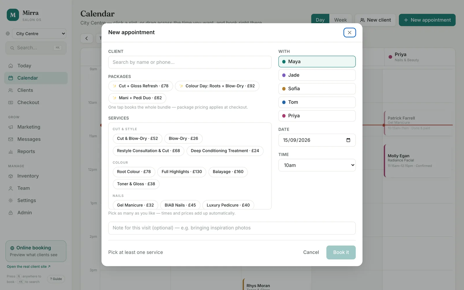 The New appointment dialog: a client search, package chips, services grouped by category with prices, a list of stylists, date and time fields and a note.