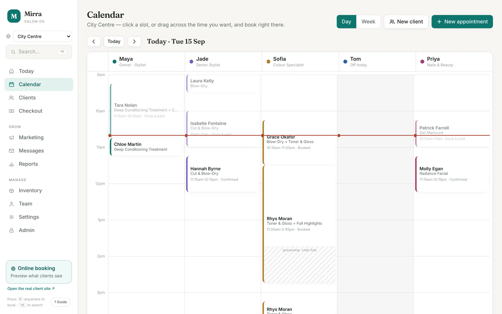 The Calendar screen in day view: one column per stylist, appointments as coloured blocks with the client, services and time, and a striped processing tail on colour appointments.
