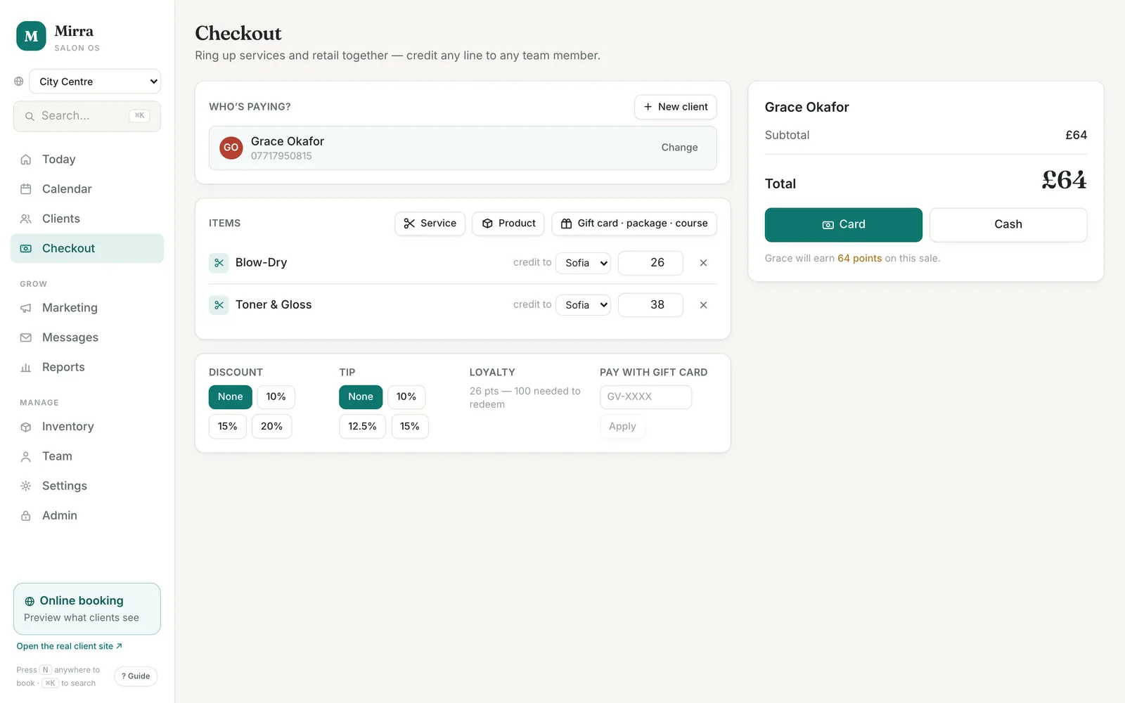 The Checkout screen with a client pulled in: two service lines each credited to a stylist, the total, card and cash buttons, and rows for discount, tip, loyalty points and gift card.