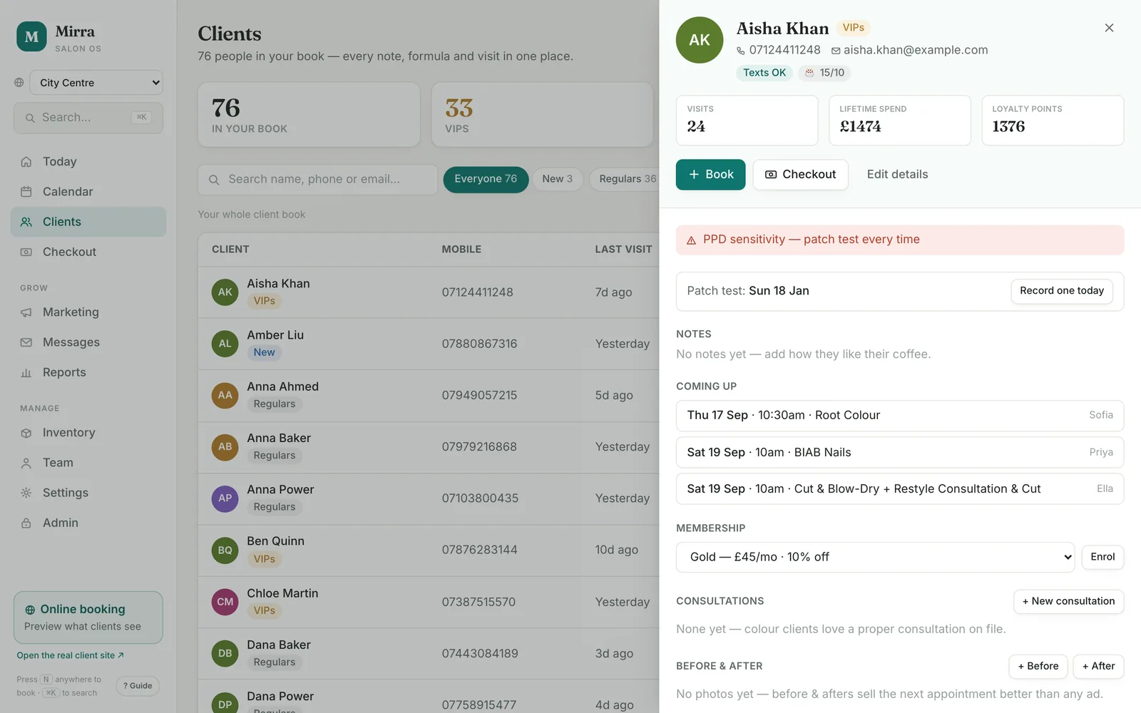 The Clients list with a client card open on the right: visits, lifetime spend and loyalty points, a PPD sensitivity warning, patch-test date, notes, upcoming appointments, membership, consultations and before-and-after photos.