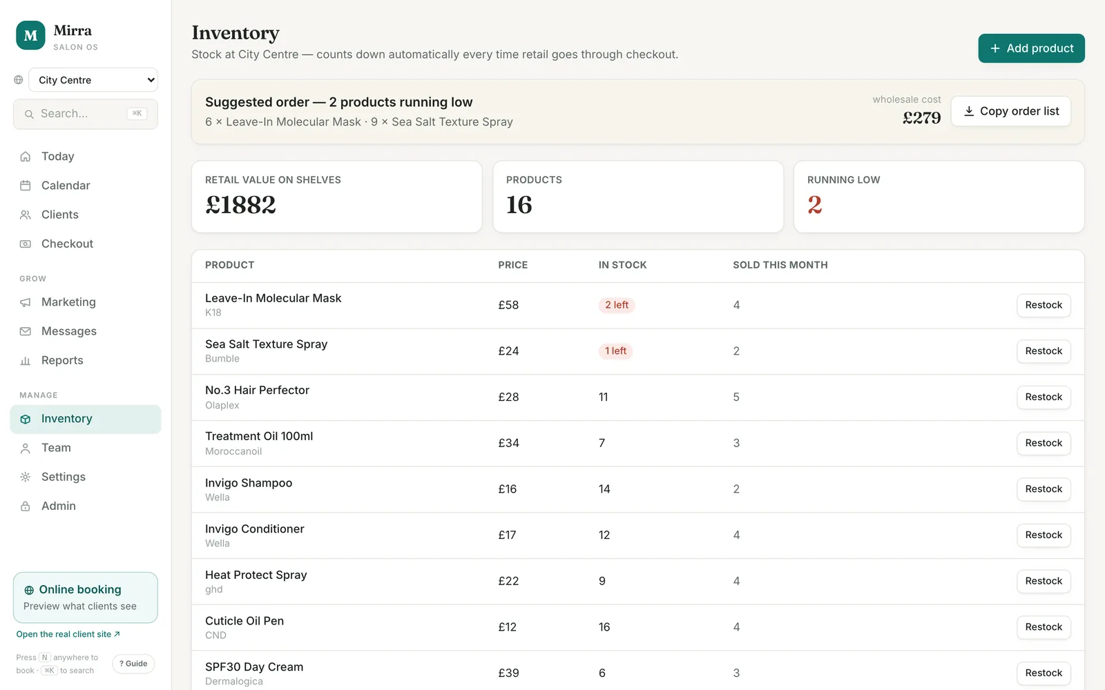 The Inventory screen: a suggested order banner with the wholesale cost and a copy-order-list button, retail value on shelves, products and running-low counts, and a product table with restock buttons.