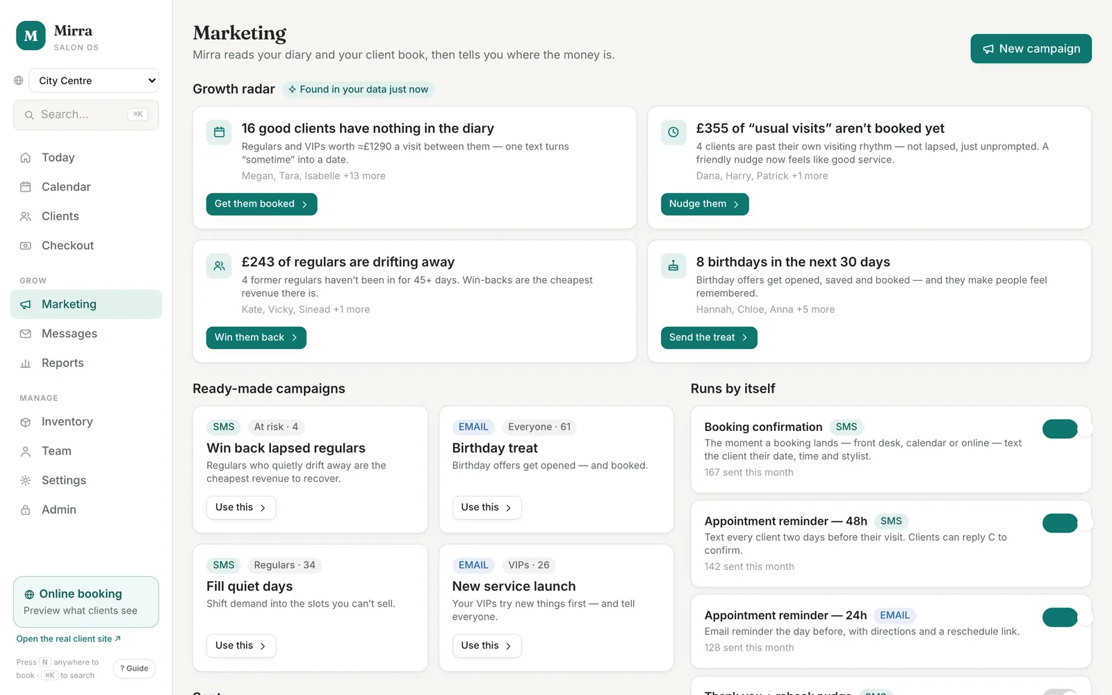 The Marketing screen: growth-radar cards with a value on each, ready-made campaign templates, and a list of automations with on-off switches.