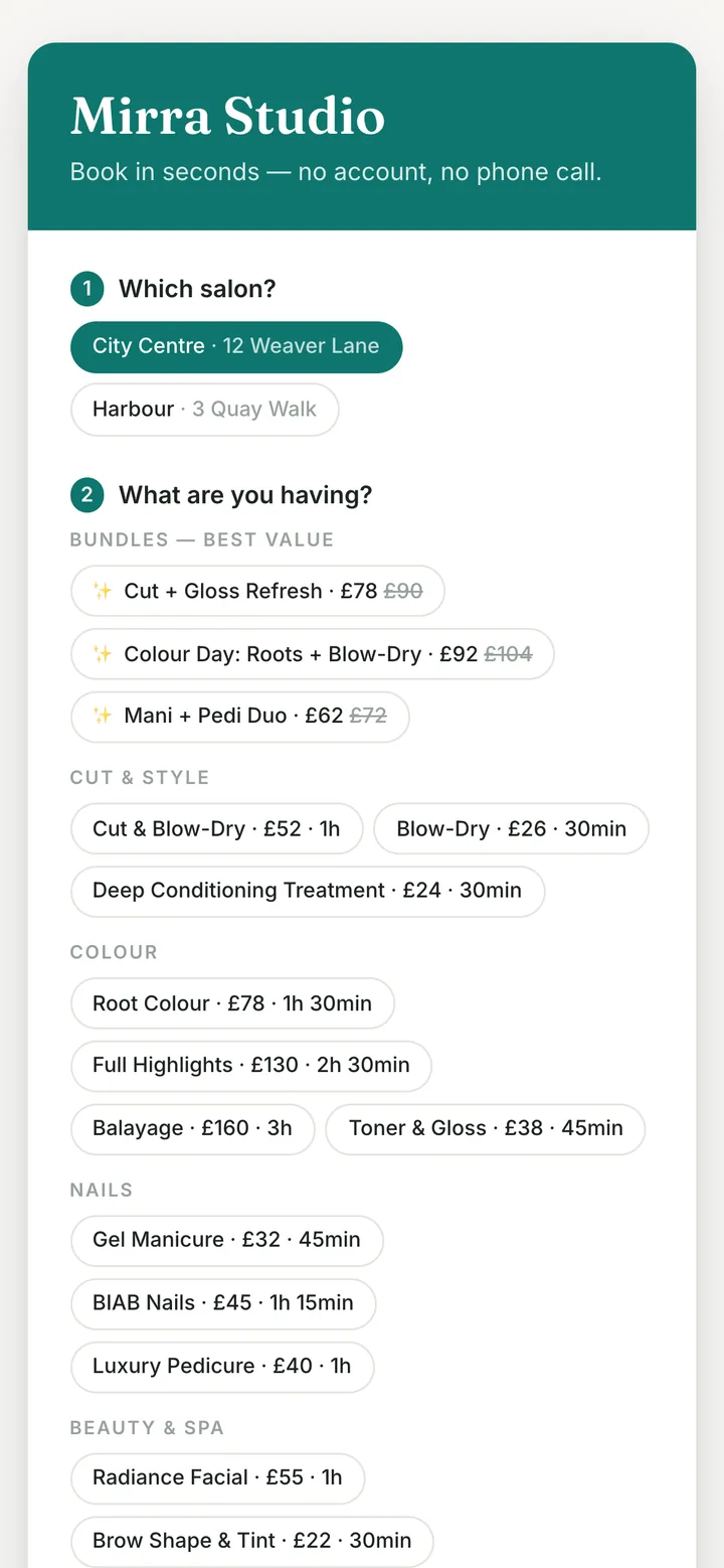 The start of the client booking page on a phone: the salon name, a Which salon? step with two branches, and a What are you having? step listing bundles and services with prices and durations.