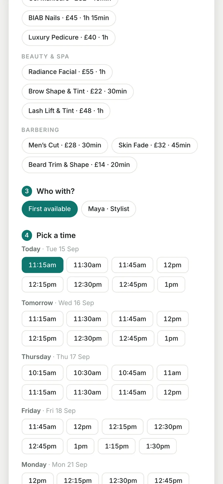 Further down the same page: a Who with? step and a Pick a time step listing free slots for today and the days ahead.