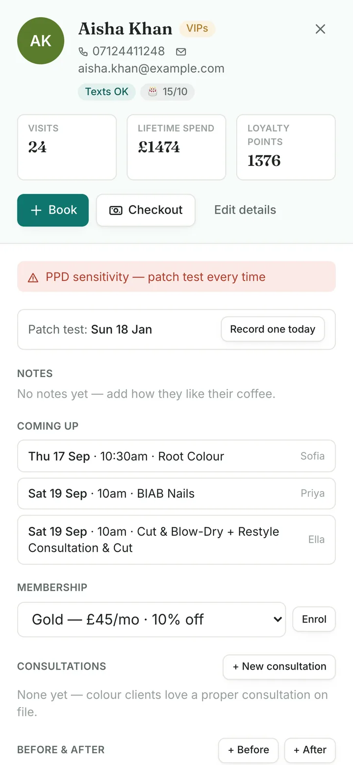 A client card on a phone: name, VIP badge, contact details, visits, spend and loyalty points, and the sensitivity warning.