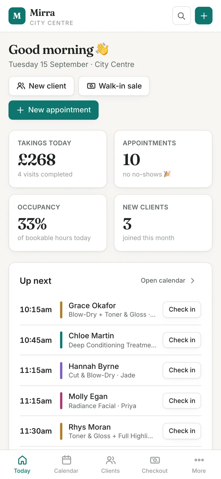 The Today screen on a phone: greeting, quick actions, takings and appointment tiles, the up-next list and a bottom tab bar.